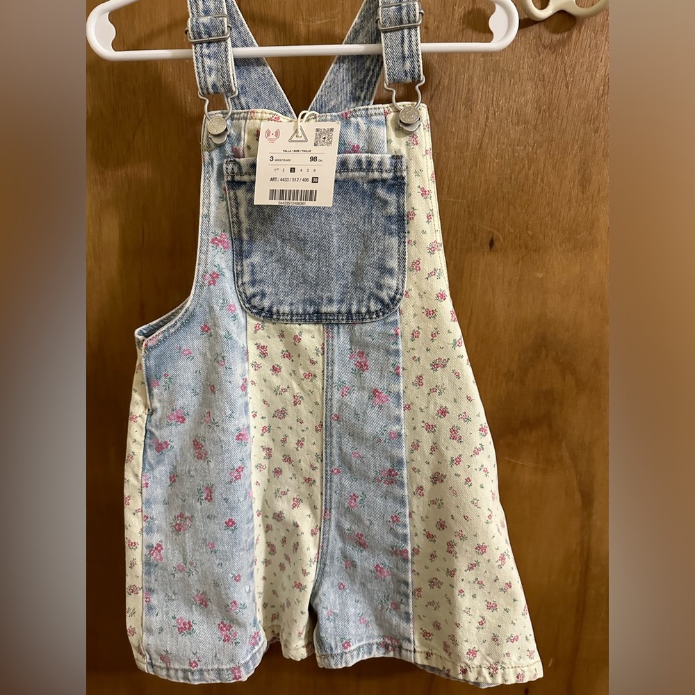 Zara Kids Floral Denim One Piece - Blue and Cream
